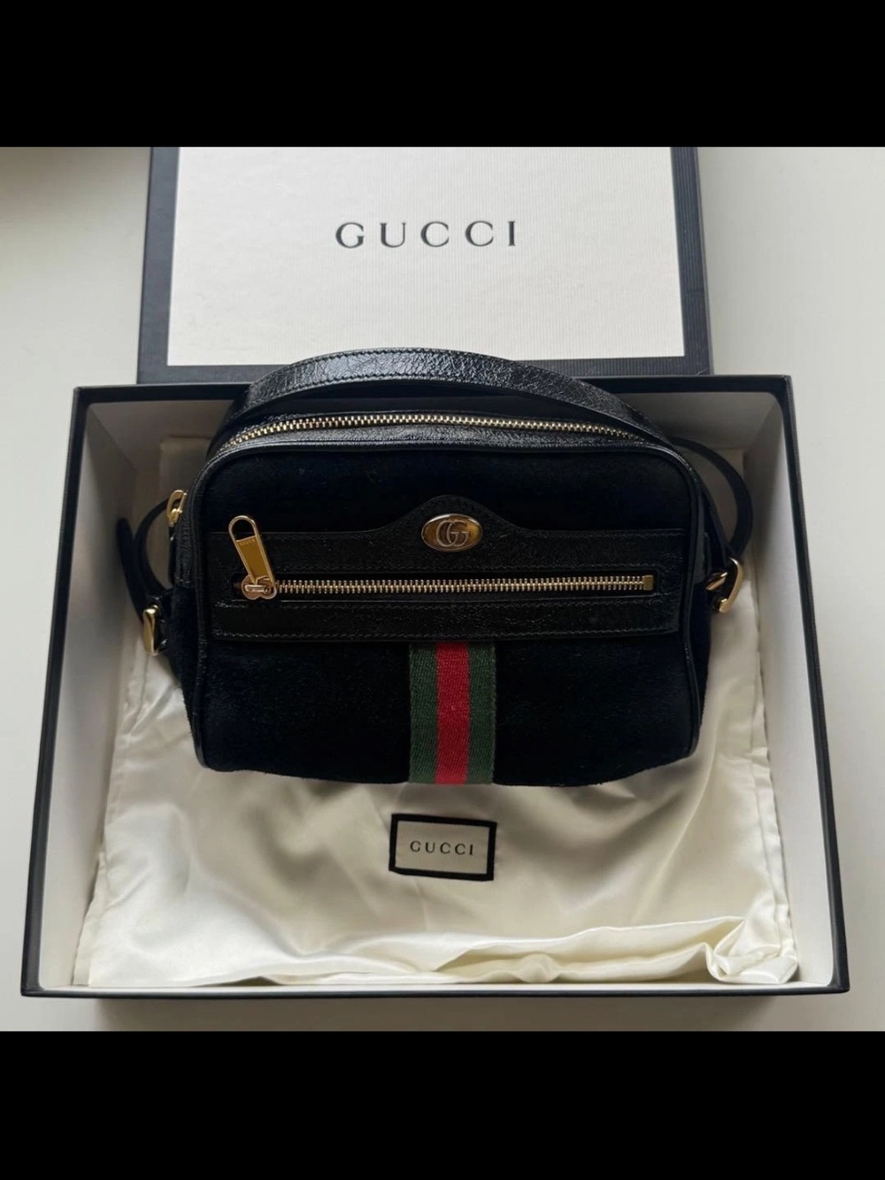 Gucci Black Suede Ophidia Shoulder Bag with Green-Red Web Stripe